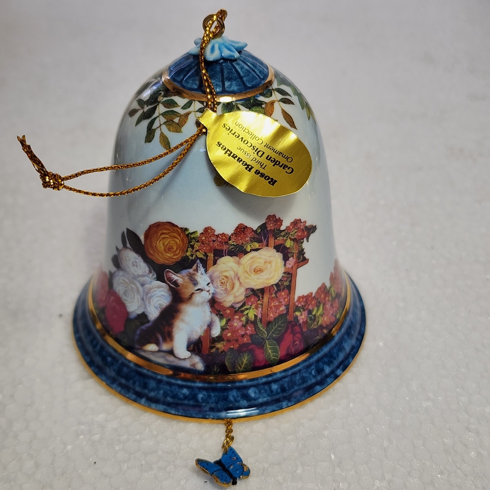 16 Bradford Exchange Porcelain Bell Ornament with Kitten and Floral Motif